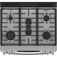 GE Profile 30 inch Fingerprint Resistant Stainless Slide-In Double Oven Gas Range | Electronic Express