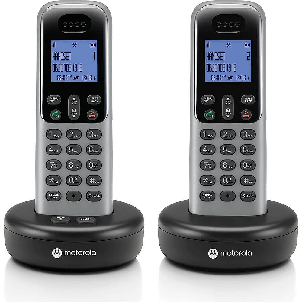 Motorola T6 Series Cordless Phone System with 2 Digital Handsets & Caller ID - Grey | Electronic Express