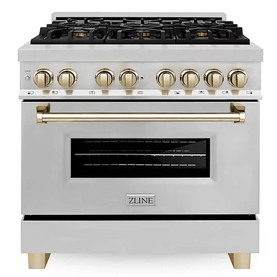 ZLINE 4.6 Cu. Ft. Autograph Edition Freestanding Dual Fuel Range - Stainless/Gold | Electronic Express