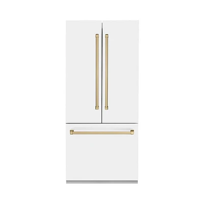 ZLINE 19.6 Cu. Ft. Counter Depth White Matte with Champagne Bronze Accents 3-Door French Door Refrigerator | Electronic Express
