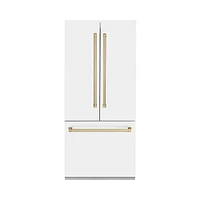 ZLINE 19.6 Cu. Ft. Counter Depth White Matte with Champagne Bronze Accents 3-Door French Door Refrigerator | Electronic Express