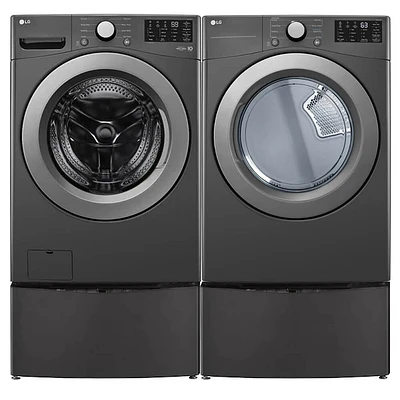 LG Black Front Load Laundry Package with Pedestals | Electronic Express