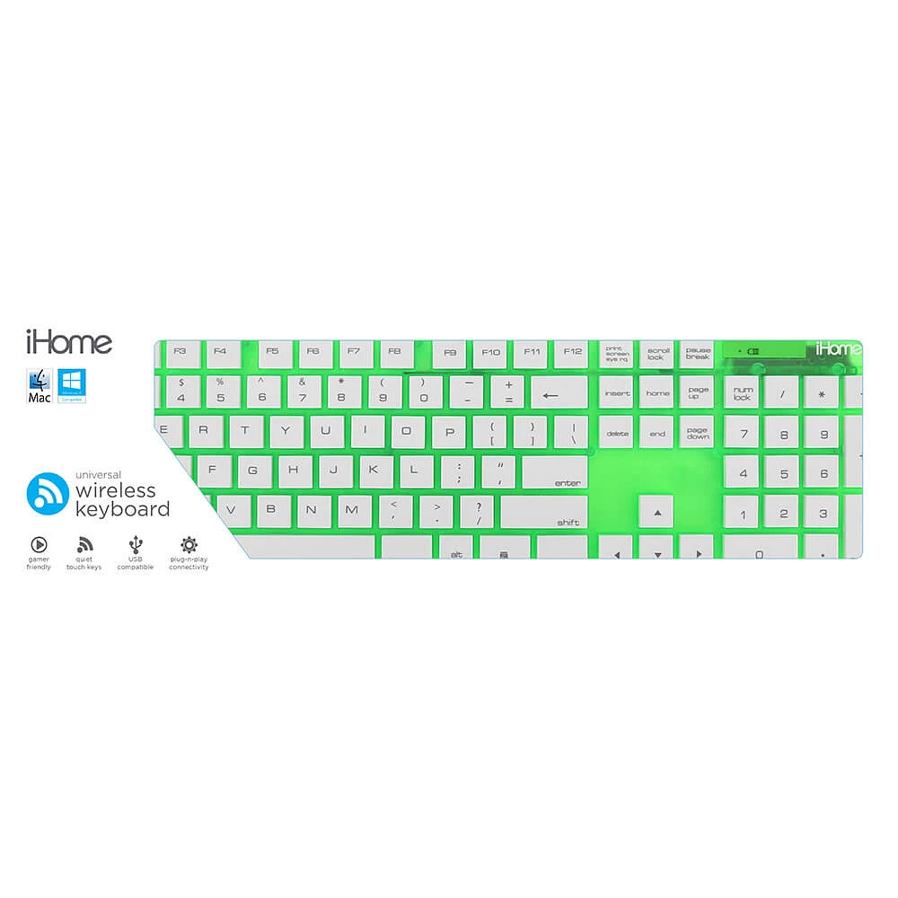 iHome IHK2100E Translucent Wireless Full Size Keyboard - Green - OPEN BOX | Electronic Express