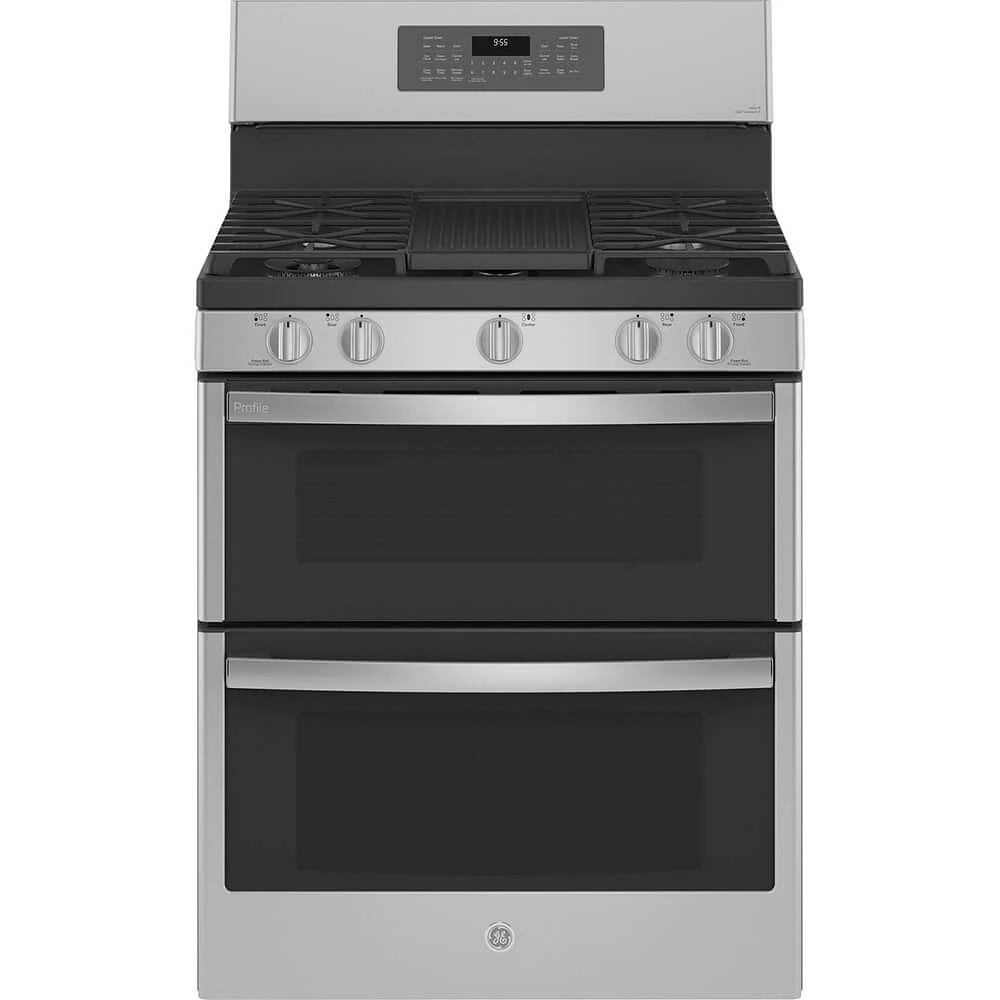 GE Profile 6.8 Cu. Ft. Stainless Gas Double Oven Range with No Preheat Air Fry | Electronic Express