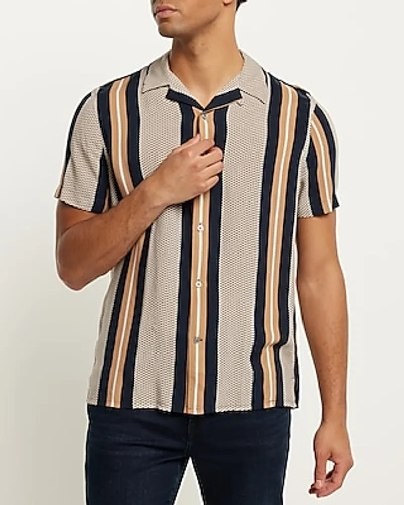 Striped Mini Geo Print Rayon Short Sleeve Shirt Brown Men's M Tall
