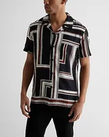 Geo Striped Rayon Short Sleeve Shirt Blue Men's