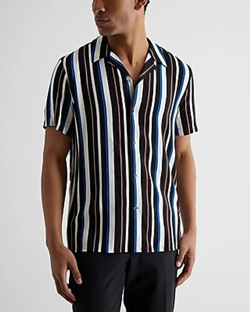 Striped Rayon Short Sleeve Shirt Blue Men's XS