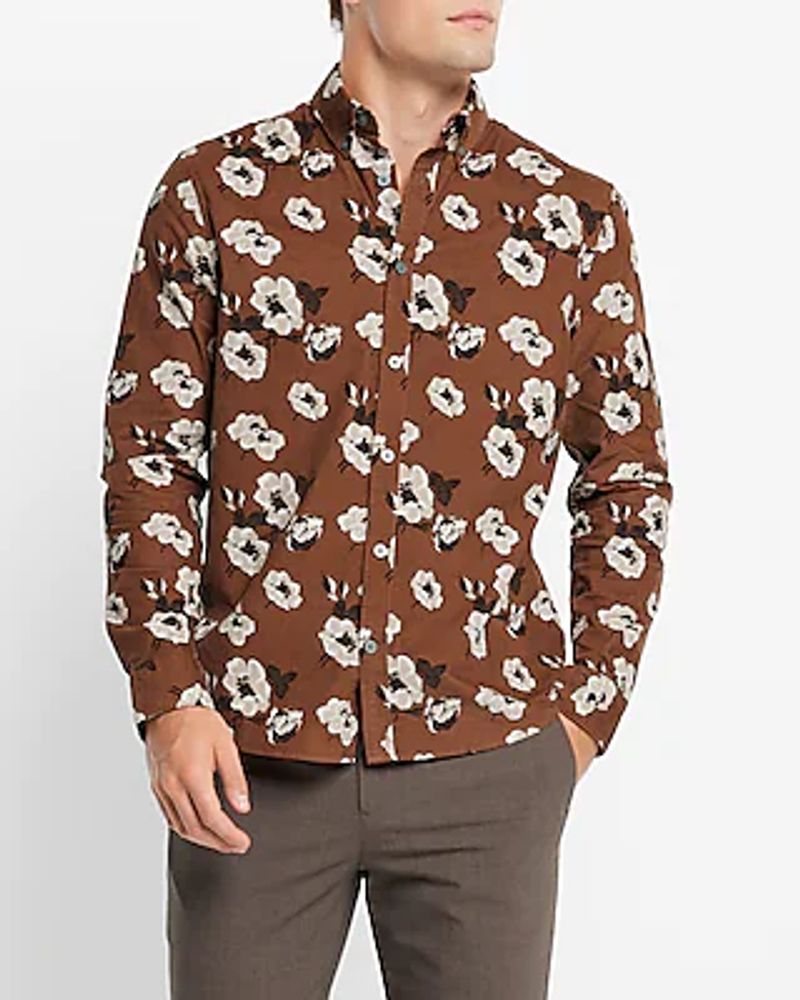 Express Floral Geo Stretch Corduroy Shirt Brown Men's L