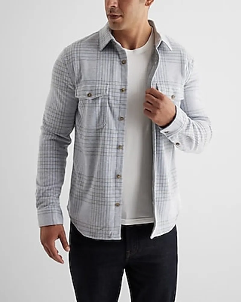 Grid Plaid Double Pocket Sweater Flannel Shirt Neutral Men's XL