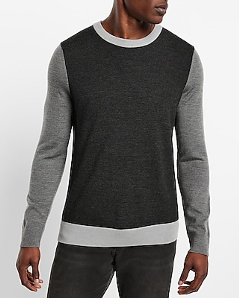 Color Block Merino Wool Crew Neck Sweater Black Men's XL