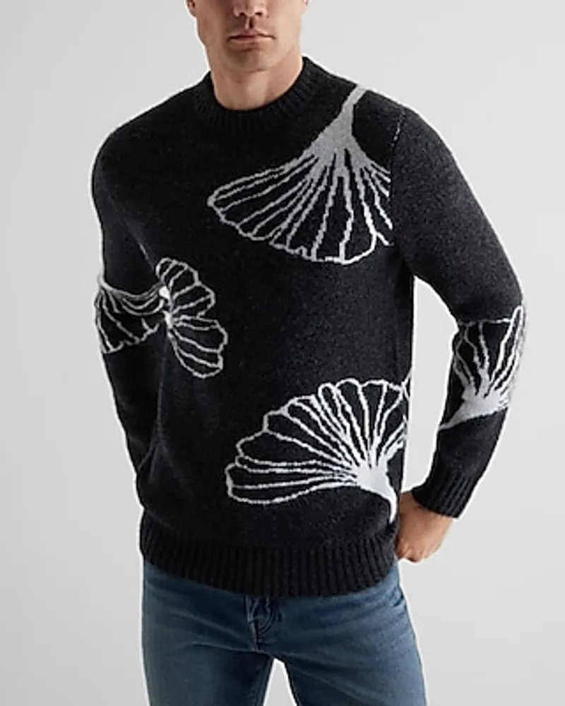 Textured Leaf Print Crew Neck Sweater Blue Men's S