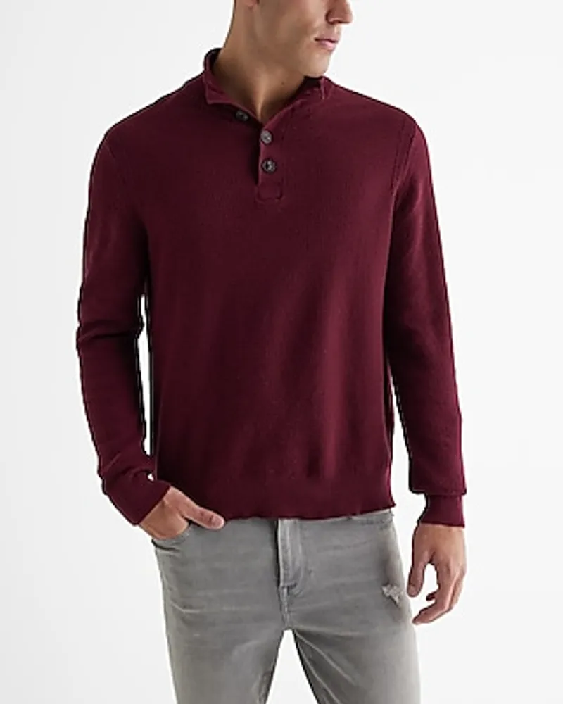 Cotton Textured Stitch Buttoned Mock Neck Sweater Neutral Men