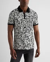 Abstract Print Luxe Pique Zip Polo Brown Men's S