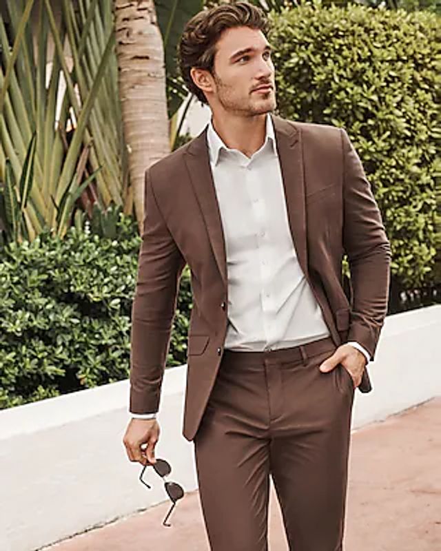 Express Slim Solid Brown Cotton Suit Pants Brown W29 L30 for Men Slacks and Chinos Formal trousers Mens Clothing Trousers 