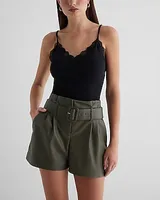 Super High Waisted Faux Leather Belted Paperbag Shorts Brown Women's 0