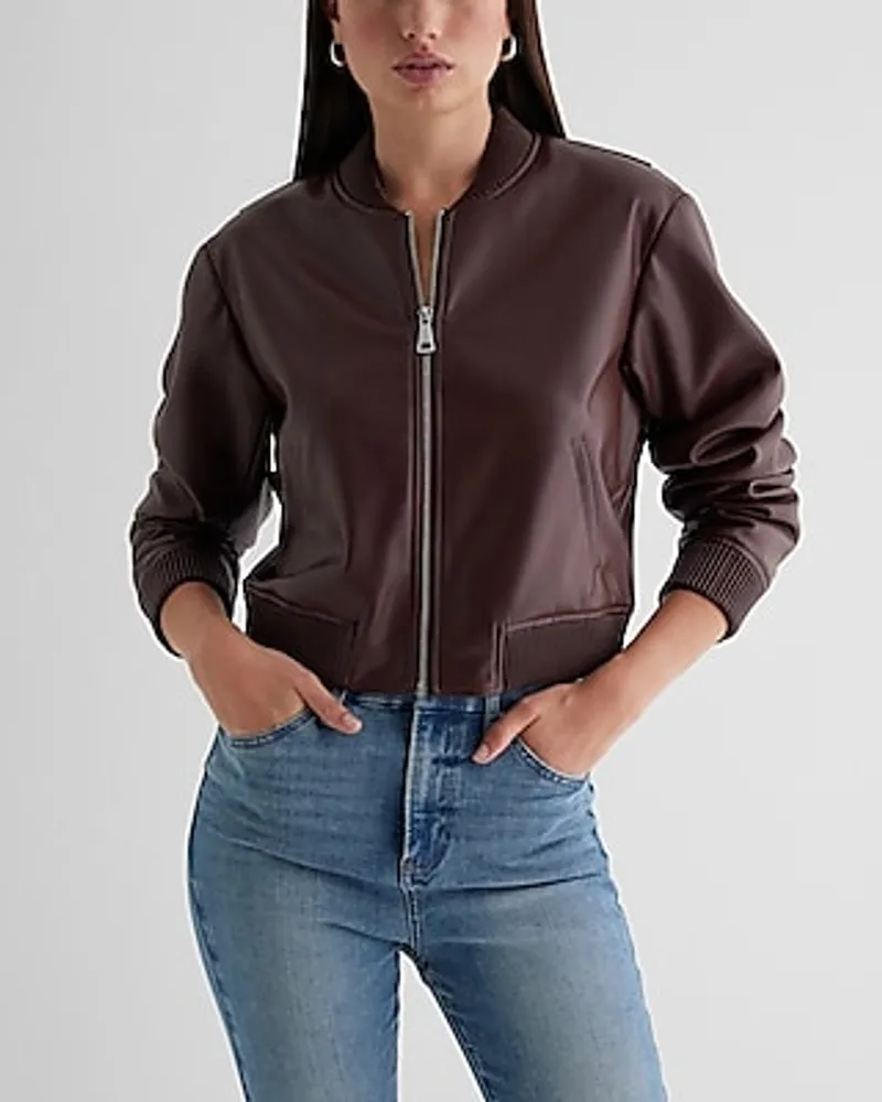 Faux Leather Cropped Bomber Jacket Women's
