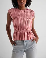 Foil Crew Neck Ruched Peplum Top Women