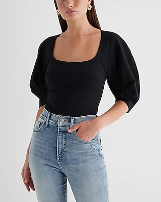 Fitted Ponte V-neck Puff Sleeve Bodysuit