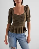 Puff Sleeve Ruched Peplum Top