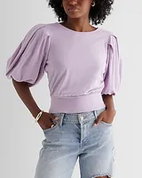 Crew Neck Puff Sleeve Tie Back Tee White Women's XS