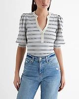 Striped Puff Sleeve Henley Tee Blue Women's XL