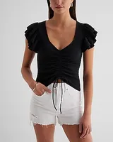 V-Neck Ruffle Sleeve Ruched Tie Tee White Women's XS