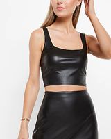 Body Contour Faux Leather Square Neck Crop Top Brown Women's L