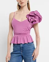 V-Neck One Shoulder Rosette Peplum Cami Pink Women's XL