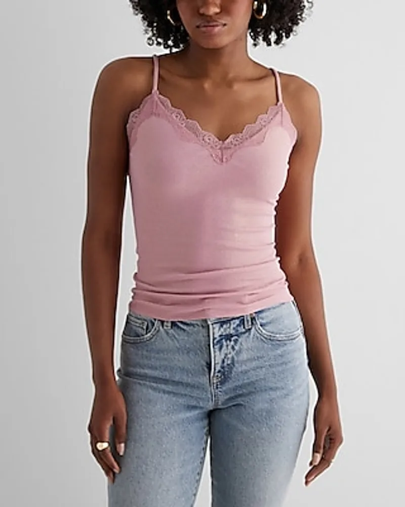 Ribbed Shine Fitted V-Neck Lace Trim Cami