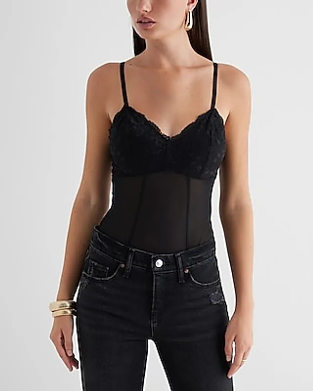 Express Fitted Lace Mesh V-Neck Bustier Bodysuit Black Women's XS