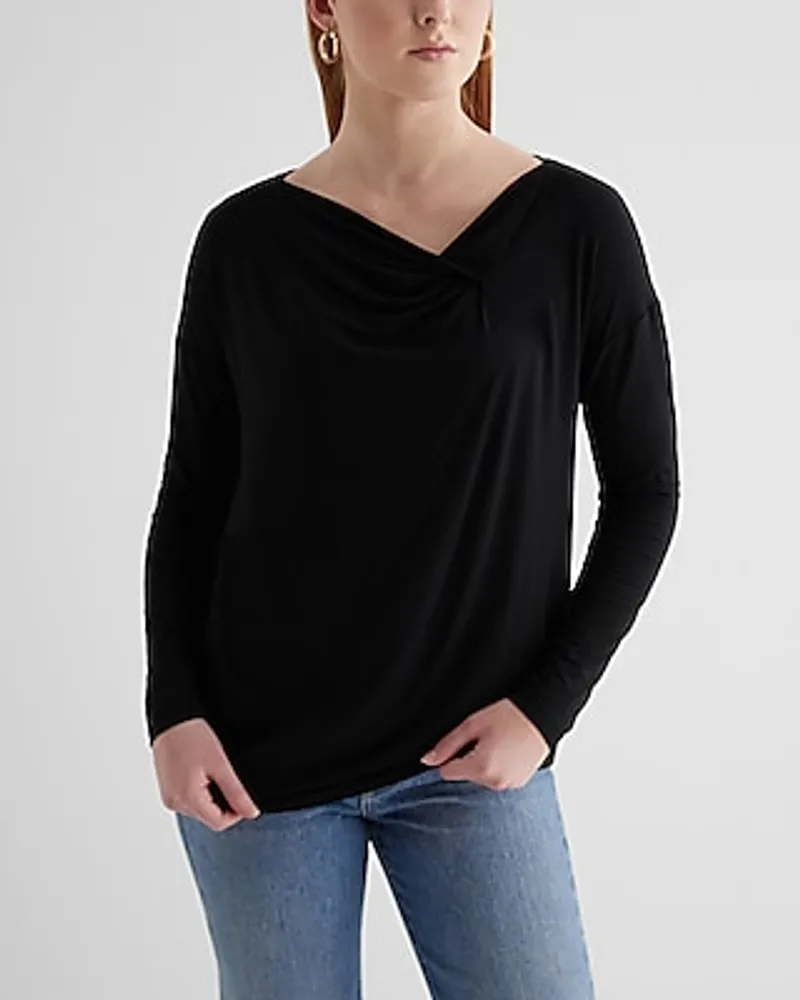 Supersoft Relaxed Notch Draped Neck Long Sleeve Tee White Women's M