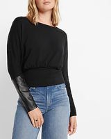 Solid Faux Leather Cuff Sweatshirt White Women's XS