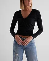 Skimming Ruched V-Neck Long Sleeve Tee