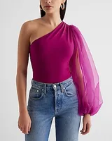 Organza Sleeve One Shoulder Pleated Bodysuit Women's XS