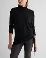 Ribbed Cozy Knit Mock Neck Cinched Side Top Gray Women