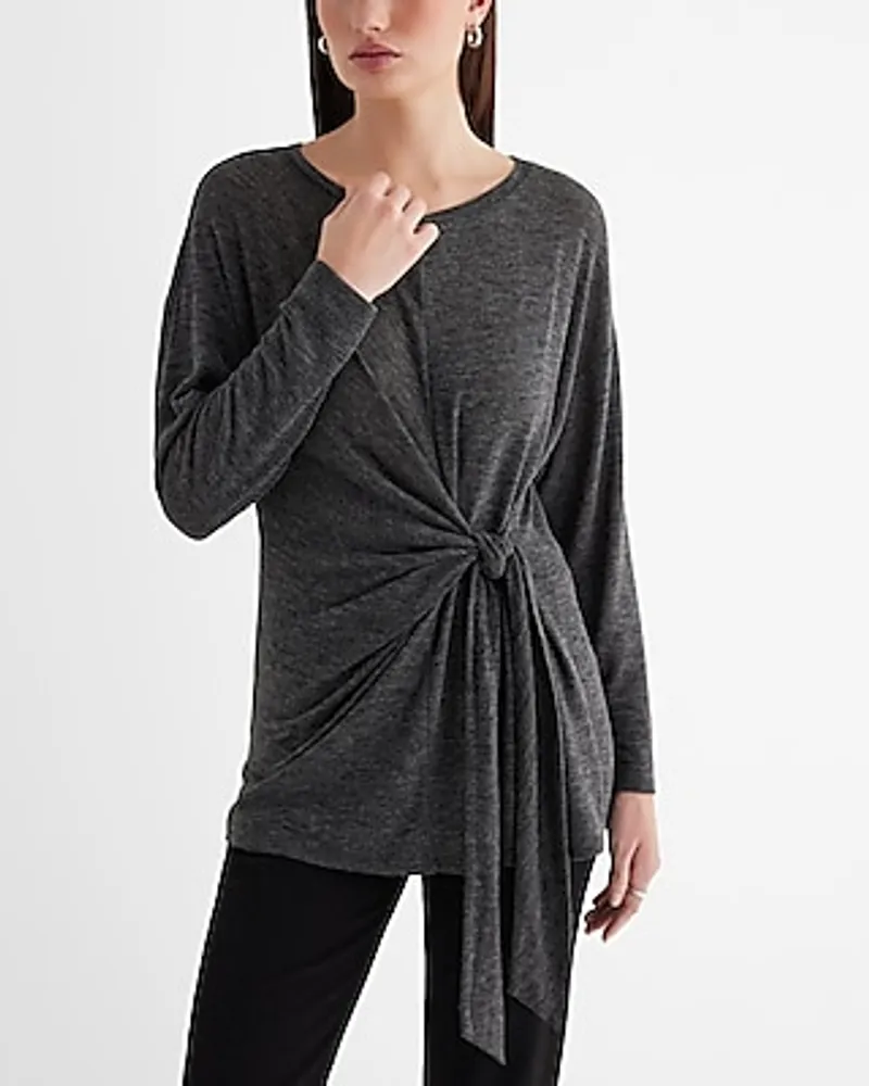 Skimming Light Weight Crew Neck Long Sleeve Tie Front Tee Women's