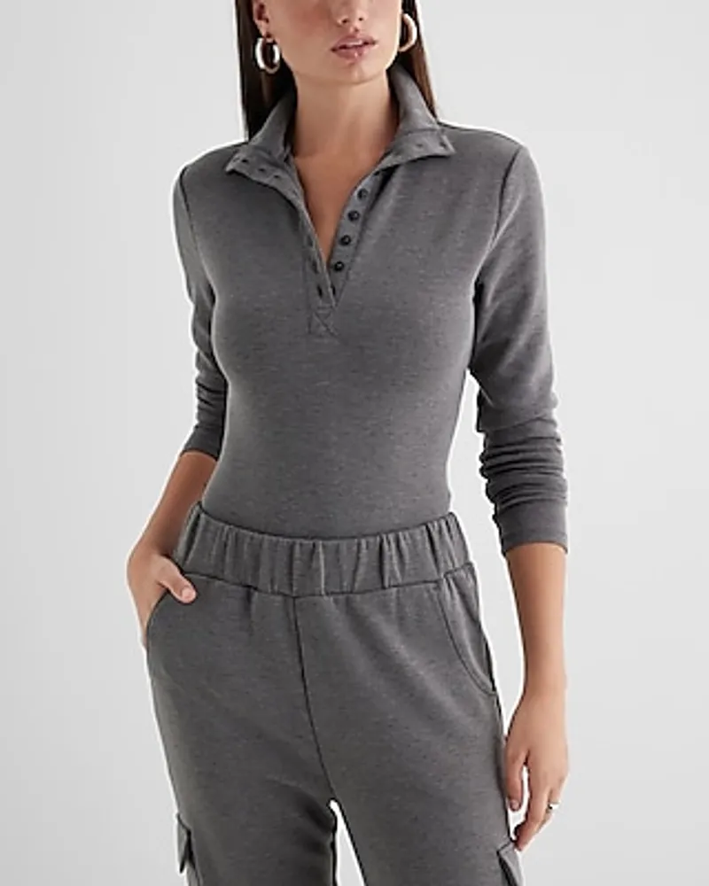 Body Contour Luxe Lounge Long Sleeve Henley Bodysuit Gray Women's