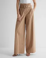 Super High Waisted Belted Paperbag Wide Leg Palazzo Pant White Women's 8