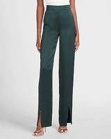 High Waisted Satin Slit Front Straight Pant Black Women's 0 Long