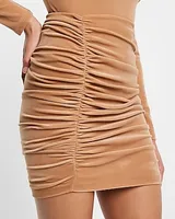 Super High Waisted Velvet Body Contour Ruched Side Mini Skirt Brown Women's XS