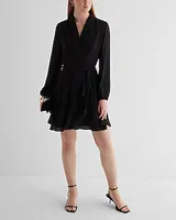 Collared Long Sleeve Tie Waist Tiered Mini Dress Black Women's XS