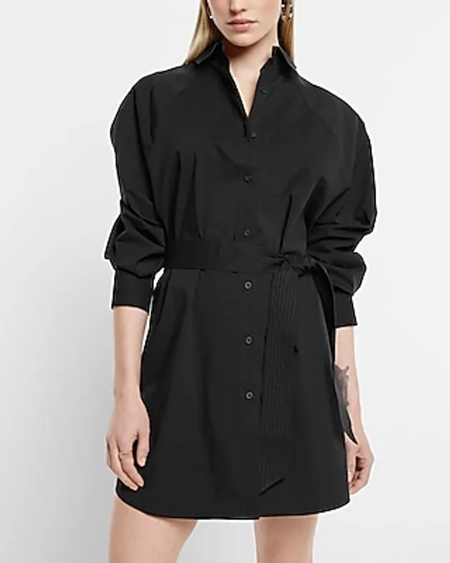 Express Work Collared Half Button Up Mini Portofino Shirt Dress Black Women's L