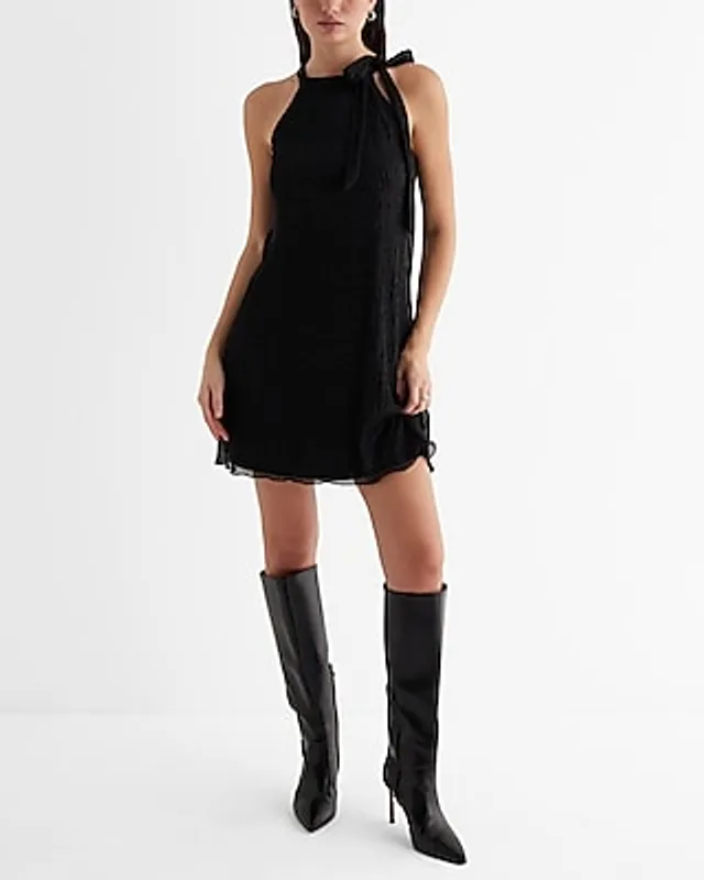 Express Cocktail & Party,Date Night Metallic Tie Halter Neck Mini Tunic  Shift Dress