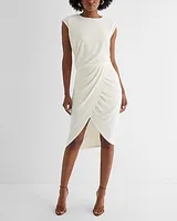 Work Crew Neck Cap Sleeve Ruched Draped Midi Dress Women's