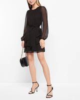 Work Long Sleeve Tie Waist Tiered Ruffle Mini Dress