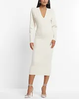 Casual V-Neck Long Sleeve Padded Shoulder Back Cutout Midi Sweater Dress