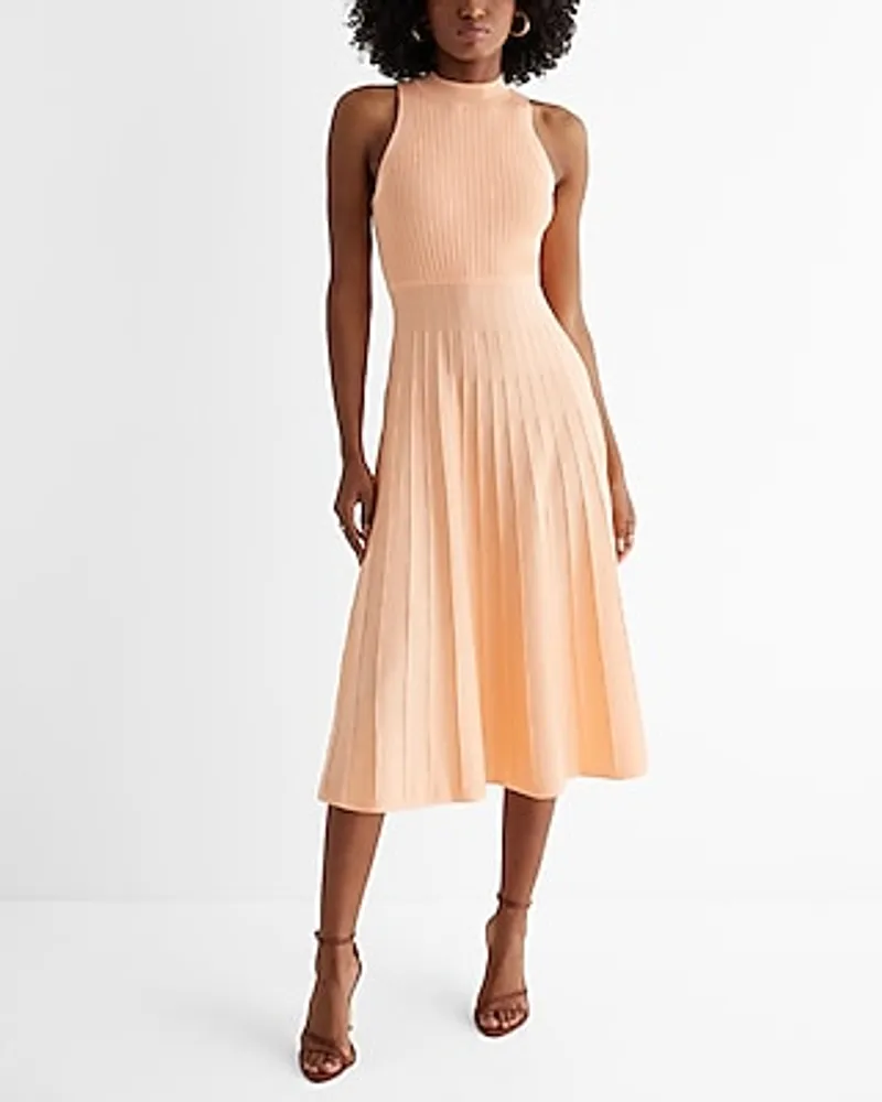 Date Night,Cocktail & Party,Casual,Work Pleated Mock Neck Midi Sweater Dress Neutral Women's
