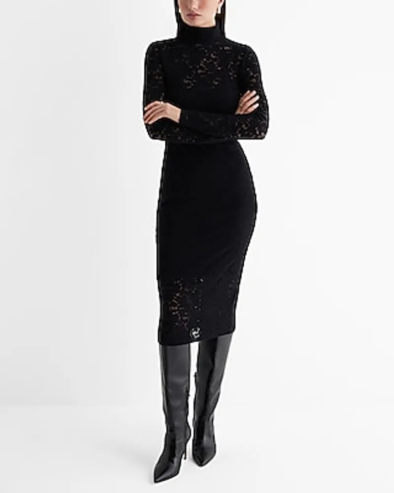 Date Night,Cocktail & Party Lace Mock Neck Long Sleeve Midi Dress