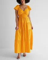 Casual V-Neck Flutter Sleeve Tiered Poplin Maxi Dress Women's XS