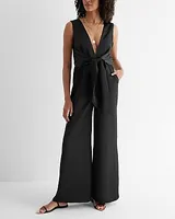 Cocktail & Party Satin V-Neck Tie Waist Wide Leg Palazzo Jumpsuit Gray Women's